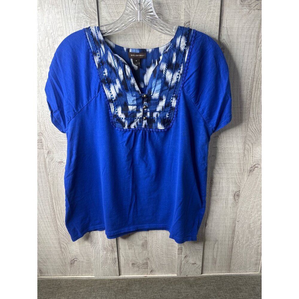 Bit & Bridle Womens Medium Blue Short Sleeve Top Western Short Sleeves